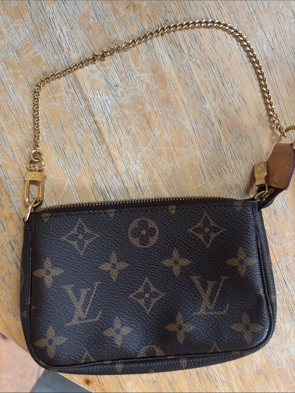 Louis Vuitton Monogram Mini Pochette in Brown with Gold Chain